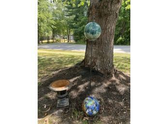 Two Gazing Globes & Cast Iron Garden Urn