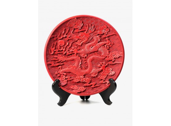 LACQUER CINNABAR PLATE CARVED with DRAGON