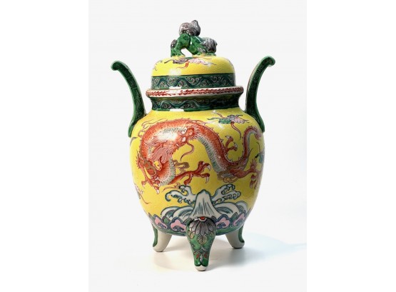CHINESE PORCELAIN FOOTED URN with FOO DOG FINIAL