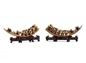 PAIR OF CHINESE BOAR TUSKS CARVED With FRUIT FIGURES