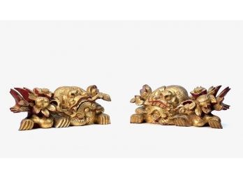 PAIR OF CARVED and GILT DRAGONS with FLOWERS
