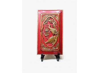 CHINESE CARVED PAINTED & GILT PANEL