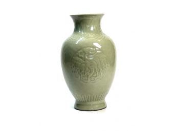 CHINESE CELEDON VASE EMBOSSED with DRAGONS