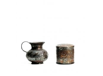 SILVER OVER COPPER PERSIAN CANISTER & PITCHER