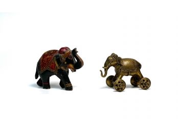 CAST BRASS & CARVED WOOD INDIAN  ELEPHANTS