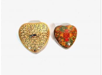 (2) RUSSIAN LACQUER MINIATURE HEART-FORM BOXES