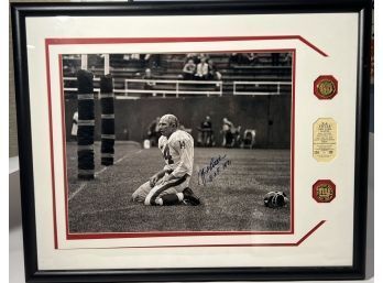 Y.A. TITTLE SIGNED FRAMED PHOTO W/ MEDALLIONS
