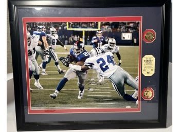 TIKI BARBER SIGNED PHOTO PLAQUE W/ MEDALLIONS