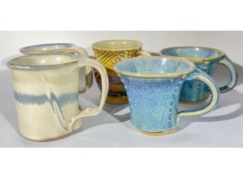 (2) BAY POTTERY MUGS & (3) UNSIGNED EXAMPLES
