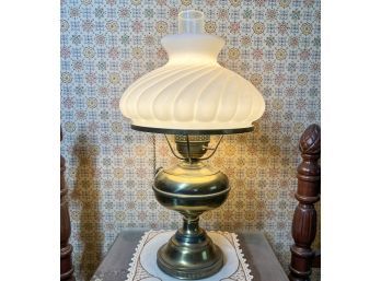 BRASS OIL LAMP w TWISTED RIBBED SHADE
