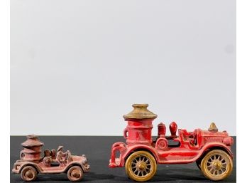 (2) PAINTED CAST IRON FIRE ENGINE TOYS