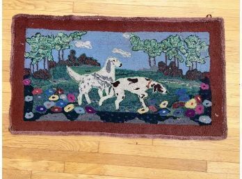 HOOKED RUG DEPICTING A HUNTING SCENE with DOGS