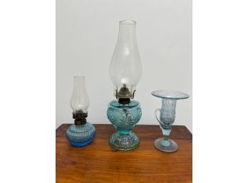 (2) AQUA GLASS FLUID LAMPS & a BUBBLE GLASS VASE
