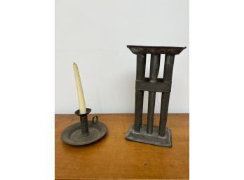 TIN CANDLE MOLD and a CHAMBER STICK