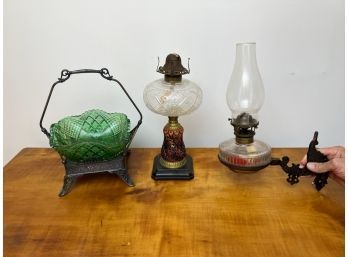 KEROSENE TABLE LAMP, SCONCE and S.P. BASKET