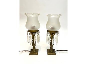 PAIR OF BRASS MANTLE LAMPS with LUSTERS
