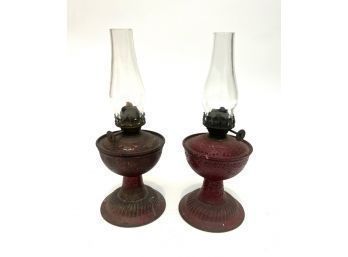 PAIR OF MINIATURE TIN FLUID LAMPS in RED PAINT