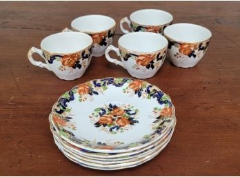 (5) ROYAL VITREOUS CUPS IN SAUCERS
