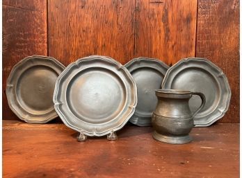(5) PEWTER PLATES and a MEASURE