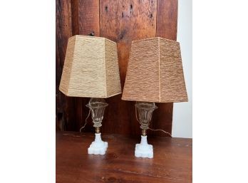 PAIR OF LARGE CLEAR and MILK GLASS FLUID LAMPS