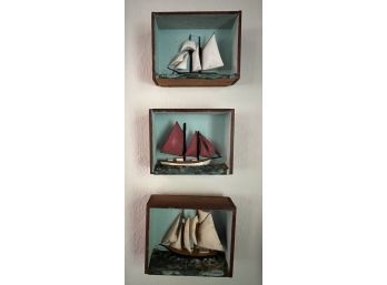 (3) (1st HALF 20th c) BOAT MODELS in SHADOW BOXES