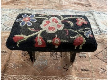 FOOTSTOOL UPHOLSTERED with a FLORAL HOOKED RUG
