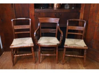THREE (19th c) CHAIRS with RUSH SEATS