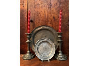 (18th c) PEWTER CHARGER, PLATE & (2) CANDLESTICKS