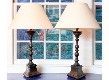 PAIR OF TURNED CANDLESTICK FORM TABLE LAMPS