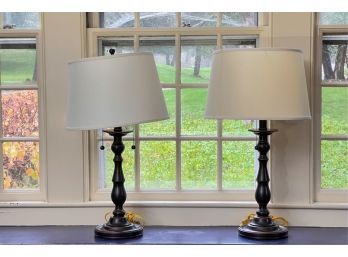 PAIR FAUX DISTRESSED TURNED TABLE LAMPS