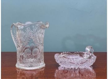 EARLY MOLDED GLASS PITCHER w CUT GLASS DISH