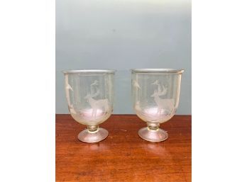 PAIR DECORATIVE ETCHED GLASS COMPOTE w DEER
