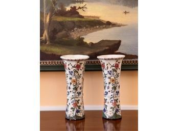 PR (19th C) FLORAL & BUTTERFLY FAIENCE VASES