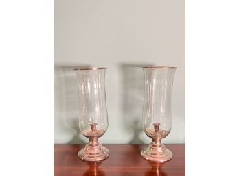 PR POTTERY BARN CANDLE HOLDERS w HURRICANE SHADES