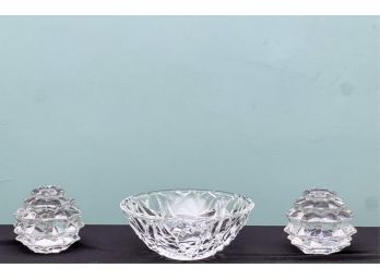 PAIR OF TIFFANY & CO GLASS CANDLE HOLDERS & BOWL