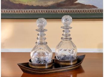 PAIR OF EARLY HAND BLOWN CUT GLASS DECANTERS