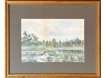 SIGNED LATE 19th C WATERCOLOR 'LILY PADS'