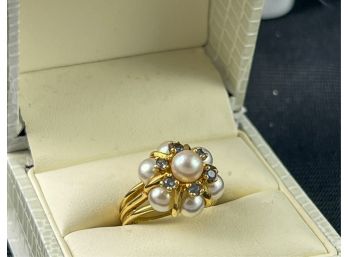 14K GOLD PEARL & BLUE STONE RING