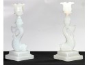 PR BLOWN MOLDED CLAM BROTH DOLPHIN CANDLESTICKS