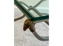 FINE QUALITY GLASS TOP RAMS HEAD & FOOT END TABLE