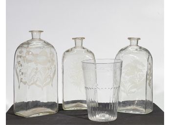 (3) EARLY ETCHED DECANTERS & FLIP GLASS