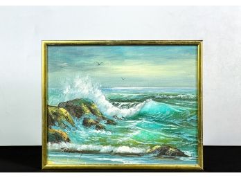 SIGNED 'WAVES ON ROCKY COAST' OIL ON CANVAS