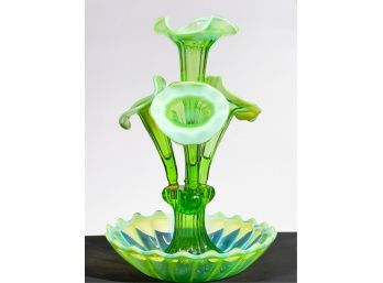 OPALESCENT CHARTREUSE VICTORIAN GLASS EPERGNE