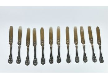 (12) ETCHED J.S. & CO COIN SILVER DINNER KNIVES