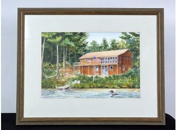 SIGNED 'LAKEHOUSE w LOON' WATERCOLOR