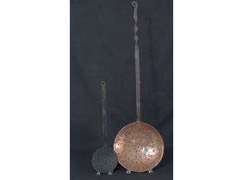 (2) ANTIQUE IRON and COPPER SKIMMERS