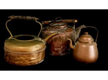 (3) COPPER TEAPOTS w/ EARLY DOVETAILED EXAMPLE