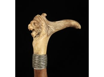 CANE with LION-CARVED HORN HANDLE