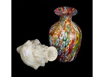 PULLED CANE MURANO GLASS VASE & SHELL FONT
