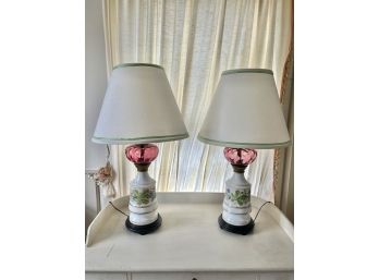 PAIR OF HAND PAINTED MILK GLASS TABLE LAMPS